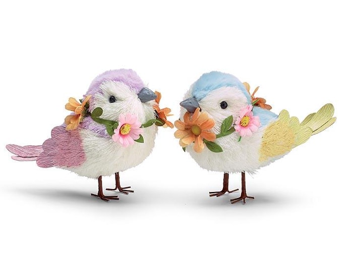 Pastel Spring Birds with Flower Necklaces: Easter Tiered Tray Decor - Set of 2