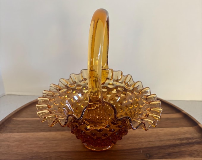 Vintage Fenton Ruffled Amber Hobnail Glass Basket | Marked Collectible Glassware