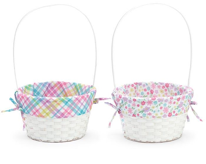White Bamboo Basket with Spring Plaid or Flowers Fabric Liner