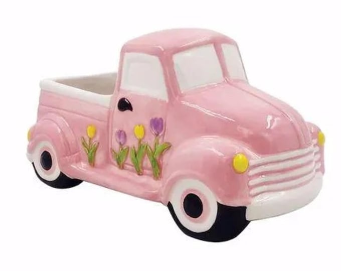 Pink Ceramic Old Truck with Purple and Yellow Tulips Planter