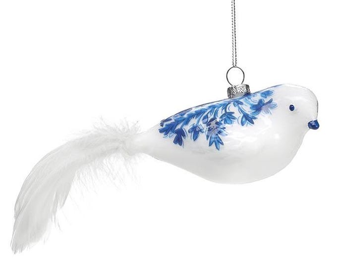 Blue Floral and White Bird Glass Ornaments - Set of 4