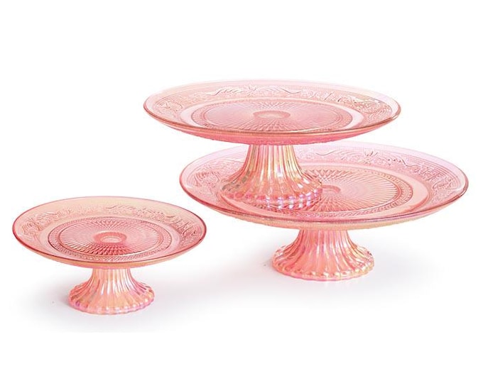 Pink Iridescent Glass Cake Plate Stands