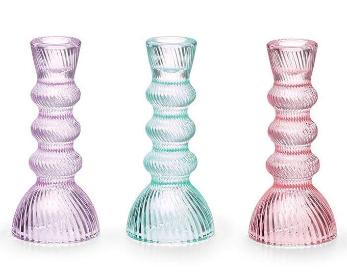 Glass Taper Candle Holder in Blue, Pink, or Purple - Set of 2