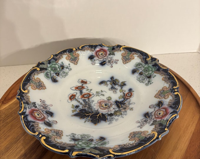 Antique Charles Meigh Polychrome Flow Blue "Poonah" Footed Plate