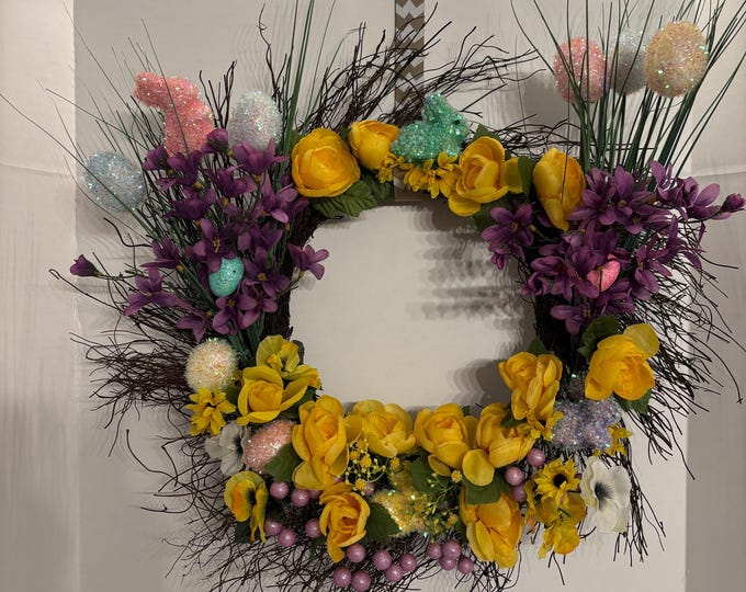 Yellow and Purple Florals with Bunnies and Easter Eggs Spring Wreath