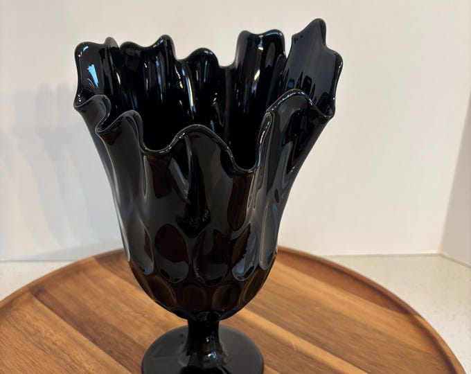 Vintage Fenton Black Amethyst Glass Handkerchief Vase