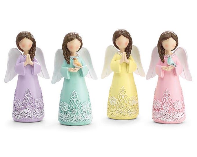 Embossed Resin Angel Figurines in Spring Pastel Colors - Set of 4