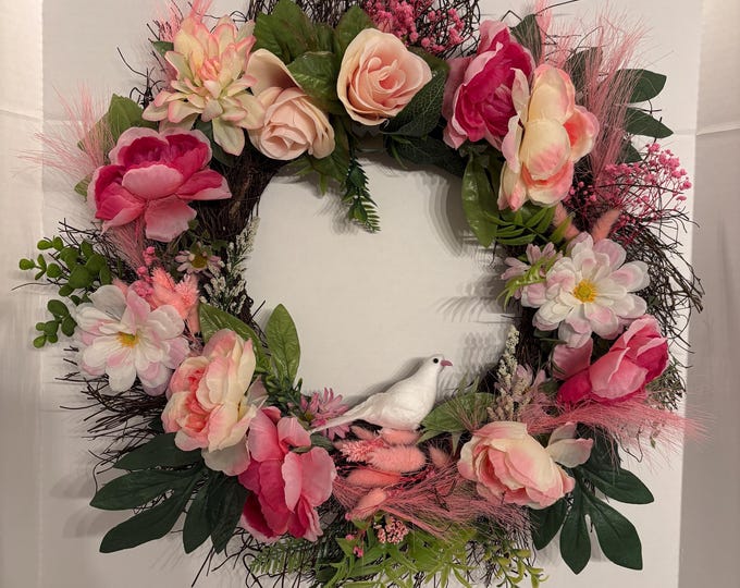 Spring Shades of Pink Florals and Greenery with White Dove Wreath
