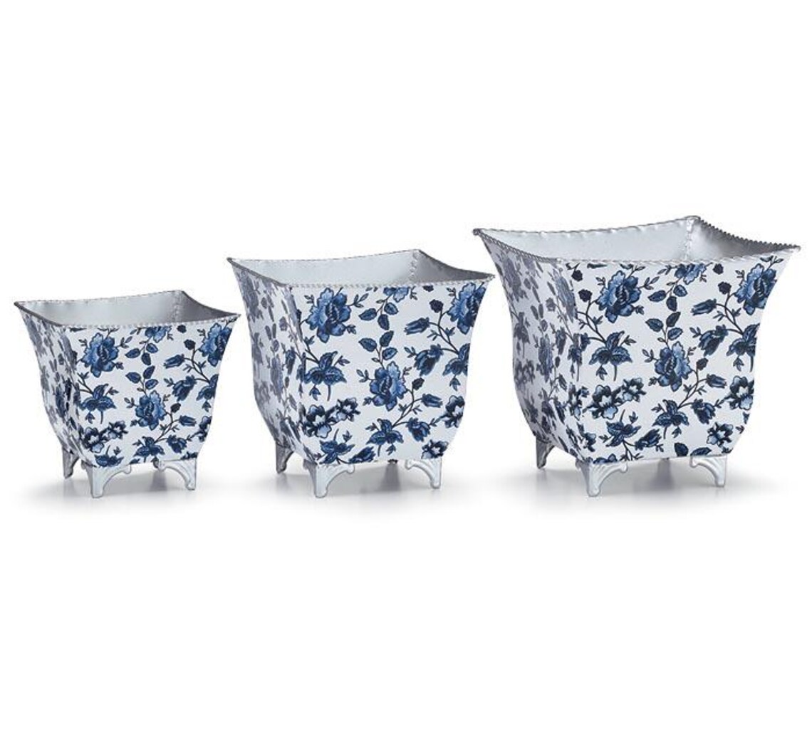 Blue and White Floral Nested Planter Set – Set of 3 Decorative Footed ...