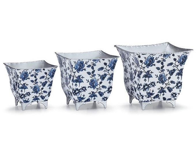 Blue and White Floral Nested Planter Set – Set of 3 Decorative Footed Planters