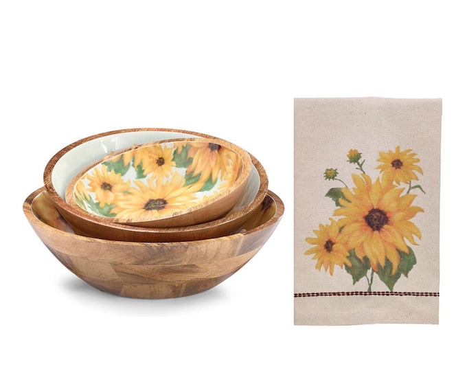 Sunflower Kitchen Set – 4-Piece Mango Wood Bowl Set with Tea Towel