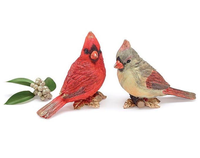 Resin Cardinal Figurines with Gold Holly Branches - Holiday Decor (Set of 2)