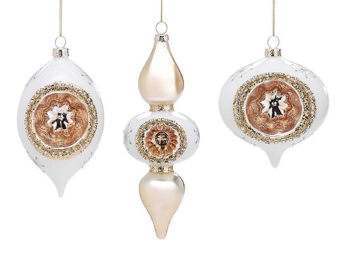 Retro Style White and Gold Reflector Christmas Ornaments - Set of 3