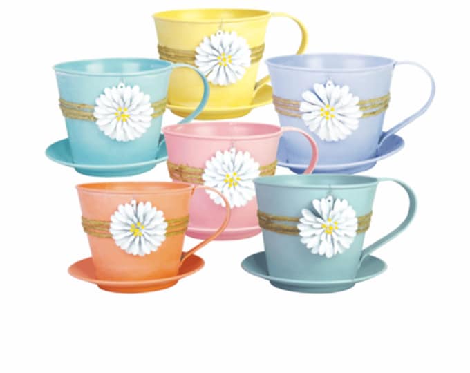 Pastel Colors Metal Tin Cup and Saucer Planter - Set of 2