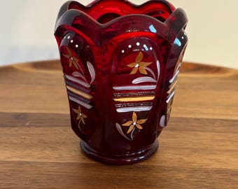 Vintage Fenton Art Glass Hand Painted Ruby Red with Flowers Candleholder - Signed