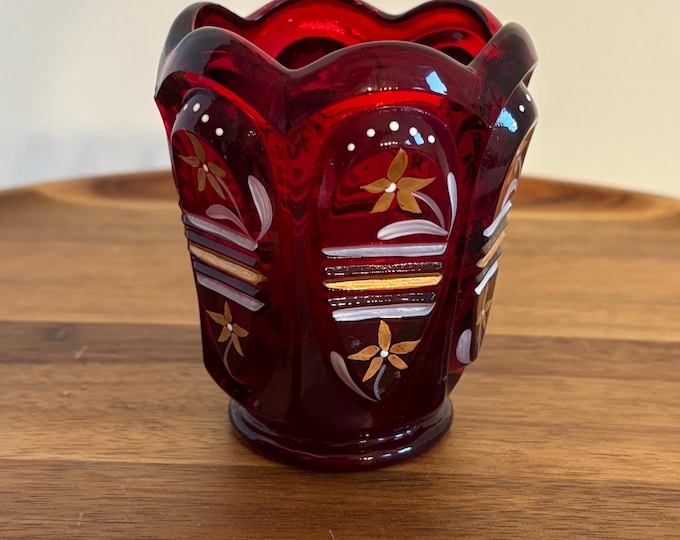 Vintage Fenton Art Glass Hand Painted Ruby Red with Flowers Candleholder - Signed