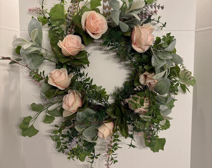 Spring Pink Roses and Greenery Wreath