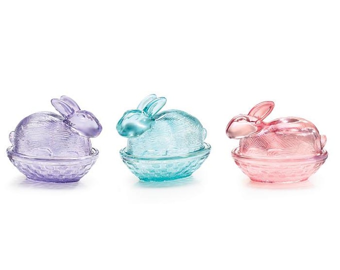 Iridescent Glass Bunny on Nest Candy Dish in Blue, Pink, or Purple