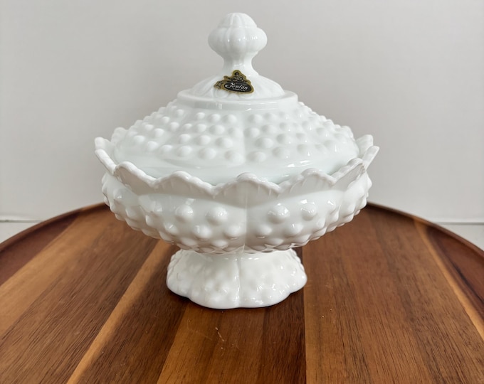 Vintage Fenton Hobnail Milk Glass Covered Candy Dish Compote with Label