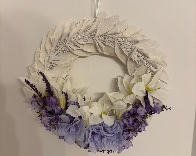 15” Purple and Glitter White Floral Spring Easter Lillies Lily Angel Wings Wreath