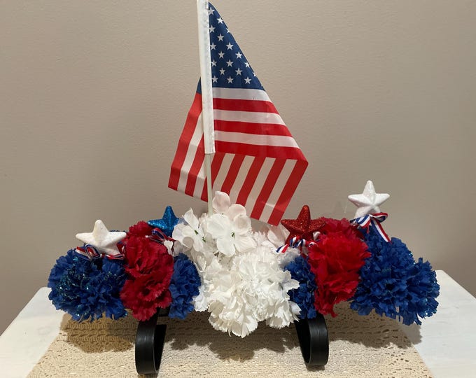 Red White Blue Patriotic Floral Grave Blanket Flowers Saddle Arrangement