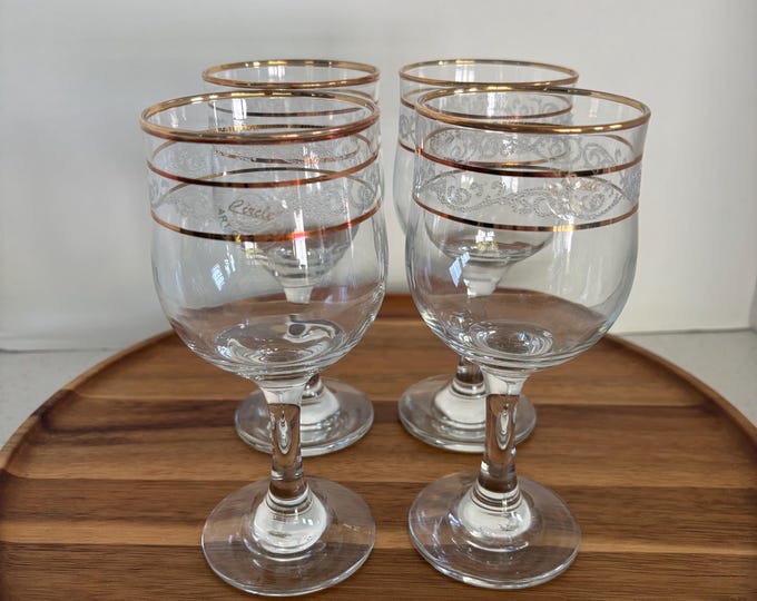 Vintage Pasabahce Wine Glasses: Turkish Etched Glass with Gold Trim (Set of 4)