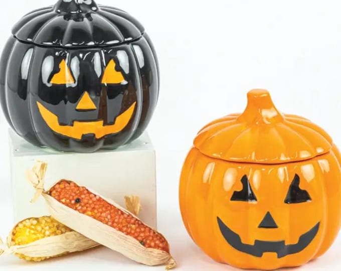 Ceramic Halloween Pumpkin Cookie Jar - Orange and Black