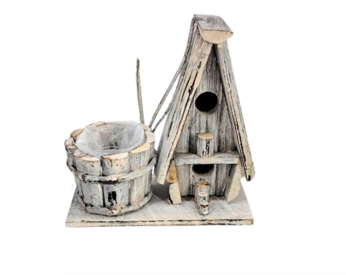 Rustic Whitewash Wood Chalet Birdhouse Planter