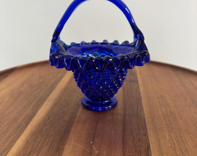 Vintage Fenton Ruffled Edge Hobnail Cobalt Blue Glass Basket
