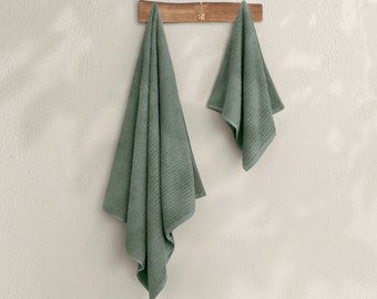 Likya Jacquard Straight Striped Green 2 Pieces Towel Set, Cotton Face Hand Towels,Soft Cotton Face Towel, Soft Hand Towel, Cotton Hand Towel