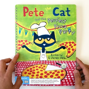 Pete the Cat Perfect Pizza Party angepasstes Kinderbuch für Behinderte Lernbedarf PCS SymbolStix AAC