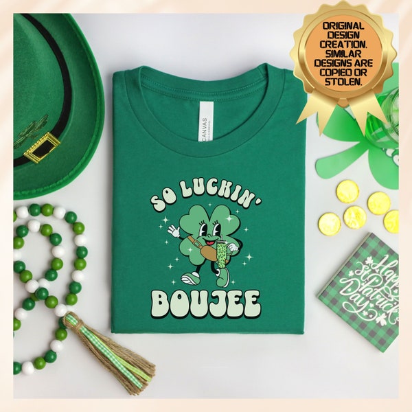 Retro St. Patrick's Day Boujee Clover T-Shirt, Funny Shamrock Bougie Mascot Character, So Luckin' Boujee Graphic Tee, Unisex Clover Shirt