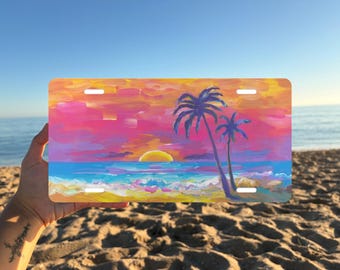 Sunset Palm Tree License Plate, Beach Car Tag, Aluminum Vanity Plate