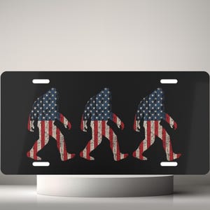 Patriotic Big Foot Front License Plate, Patriotic Sasquatch Black Car Tag