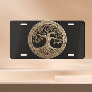 Celtic Tree Of Life Vanity License Plate, Gold And Black Tree Of Life Front License Plate, Family Tree Car Decor Celtic Tree Of Life Car Tag