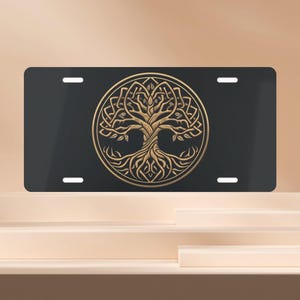 Celtic Tree Of Life Vanity License Plate, Gold And Black Tree Of Life Front License Plate, Family Tree Car Decor Celtic Tree Of Life Car Tag