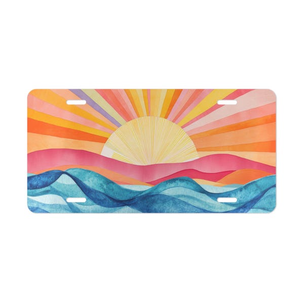 Retro Sunset License Plate, Boho Ocean Waves Car Tag