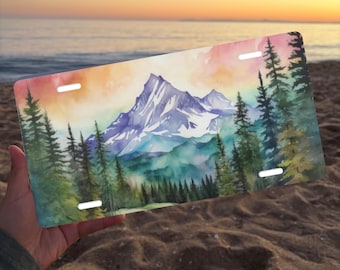Mountain Front License Plate, Watercolor Mountains Car Tag