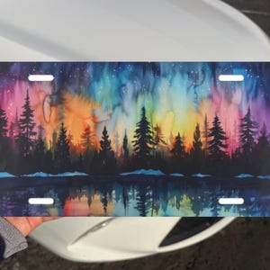 Northern Lights Aurora Borealis License Plate, Scenic Pine Trees Nature Car Tag
