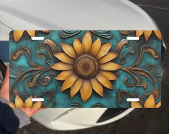 Western Sunflower Front License Plate, Turquoise Car Tag