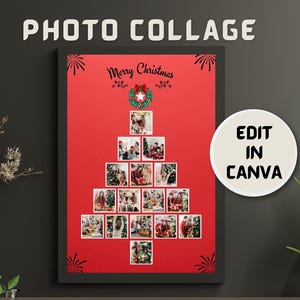 May include: A framed Christmas photo collage in a tree shape, with the words "PHOTO COLLAGE" at the top. The collage features family photos and the words "Merry Christmas". A circular graphic says "EDIT IN CANVA".
