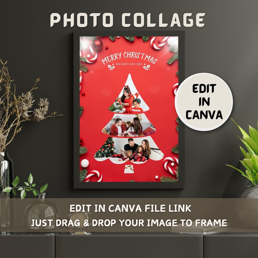 Christmas Tree Photo Collage Frame Template, Instantly Editable