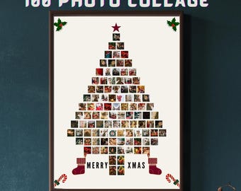 Modello di collage di 100 foto di albero di Natale, biglietto di auguri (download digitale)