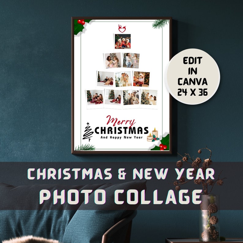 Christmas Tree Photo Collage Frame Template, Grey Instantly Editable