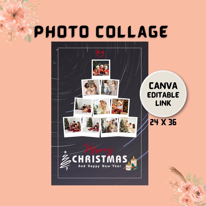 Christmas Tree Photo Collage Frame Template, Grey Instantly Editable