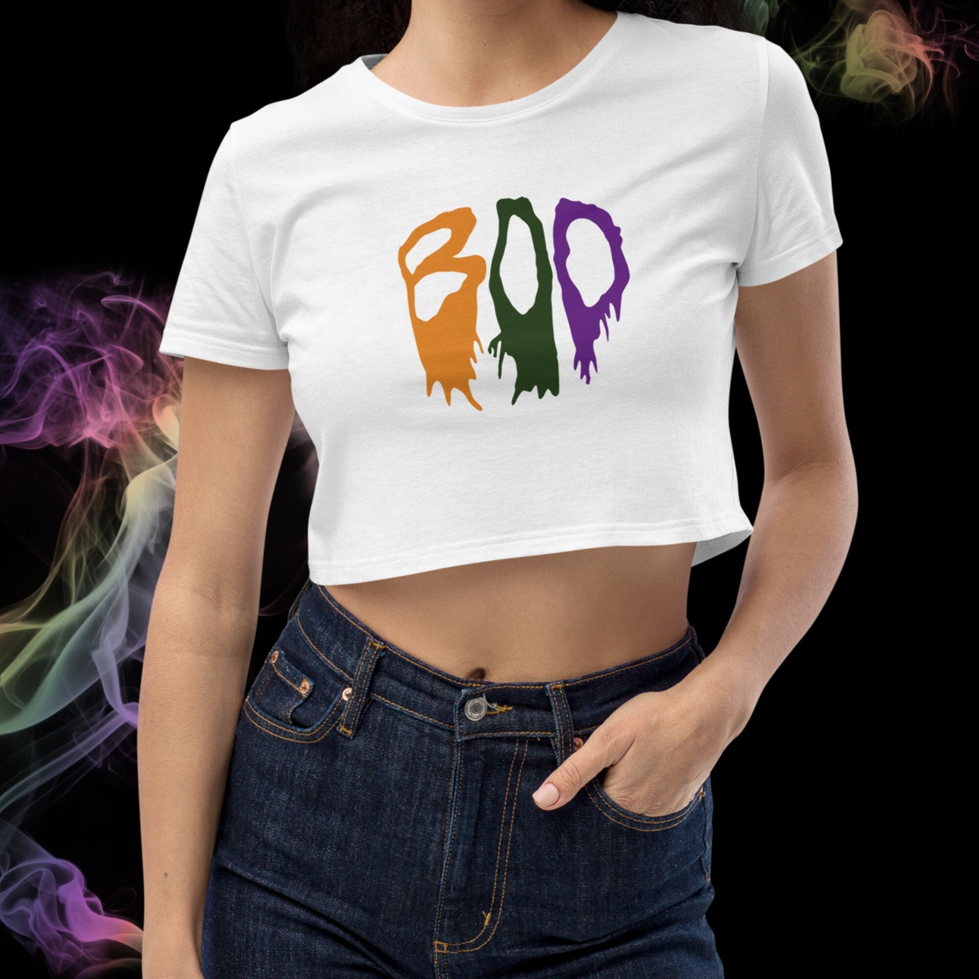 Women's Crop Top for Halloween, Black Cat Crop Top, Halloween Tee Comet ...