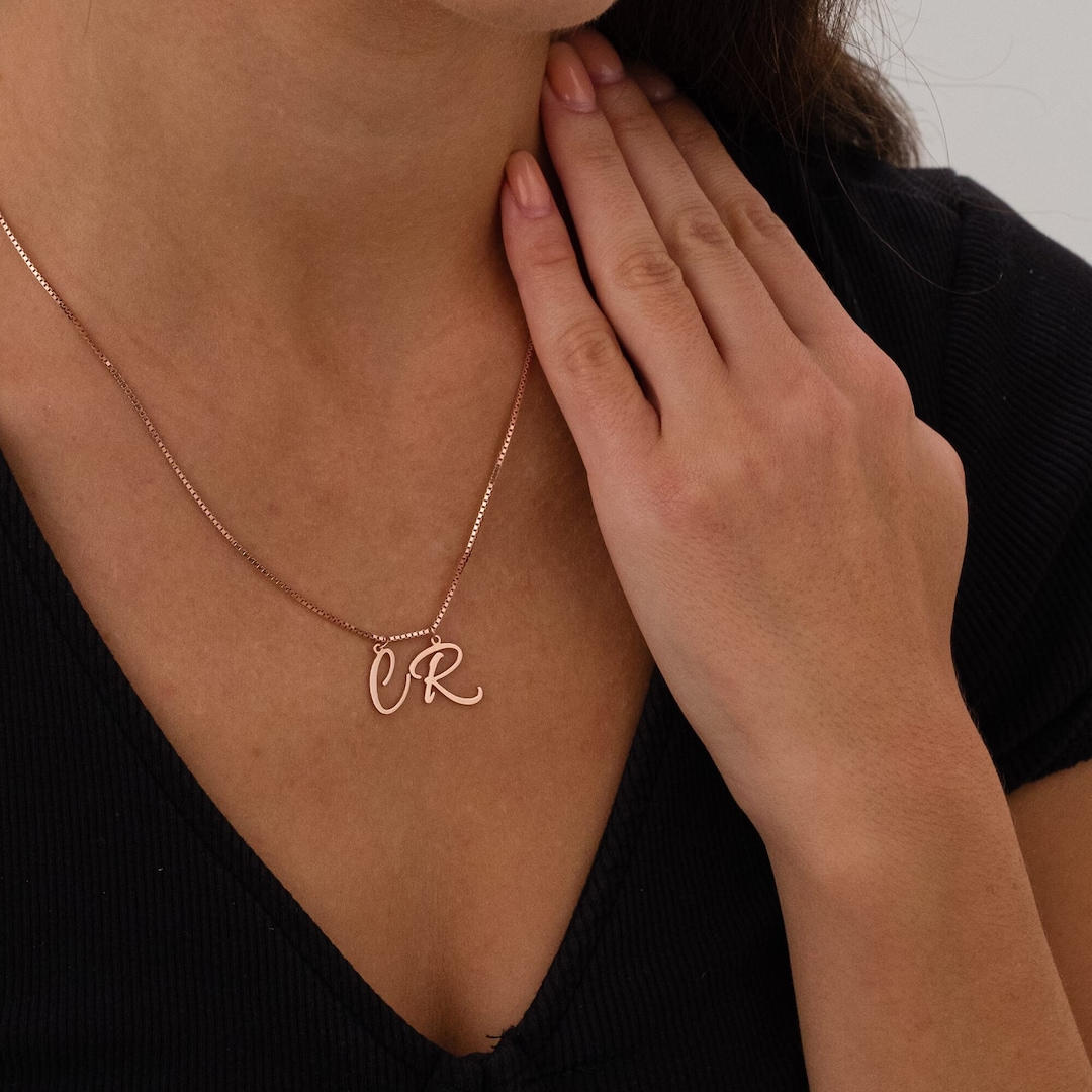 14K Gold Double Initial Necklace, Personalized Initial Necklace, Double Letter Necklace
