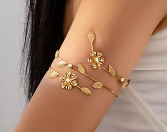 Gold Floral Arm Cuff, Goddess Style Bracelet