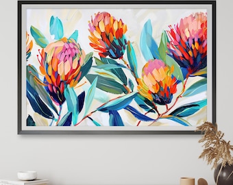 Pintura abstracta de paisaje onírico de Banksia australiana, impresión artística digital, arte mural de Banksia con flores nativas, impresión floral, imprimible de flores nativas