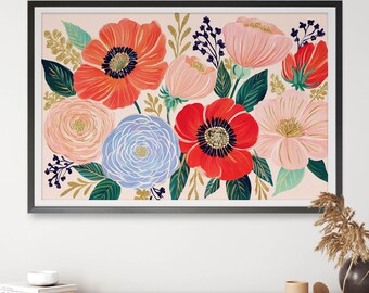Coral Floral Garden Wall Art, Colourful Botanical Digital Print, Eclectic Flower Art, Landscape Horizontal